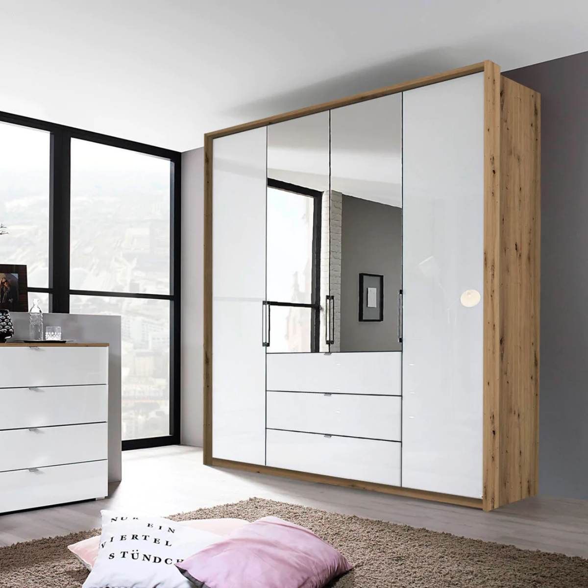 Oakwood Rauch Erimo Style 1 Oak & White Glass Bi-Folding Doors Combi Wardrobe
