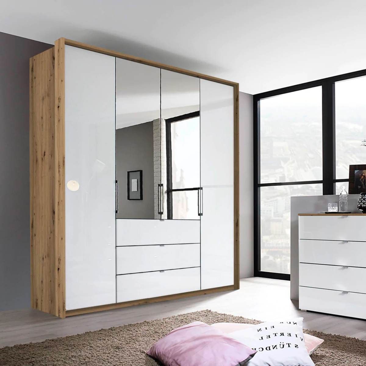 Oakwood Rauch Erimo Style 1 Oak & White Glass Bi-Folding Doors Combi Wardrobe