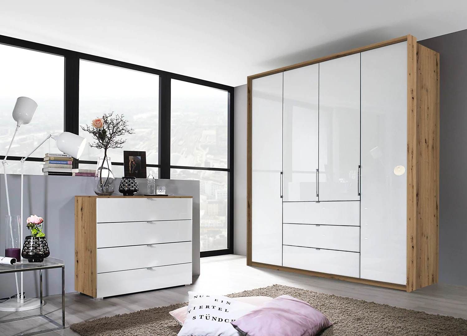 Oakwood Rauch Erimo Style 1 Oak & White Glass Bi-Folding Doors Combi Wardrobe