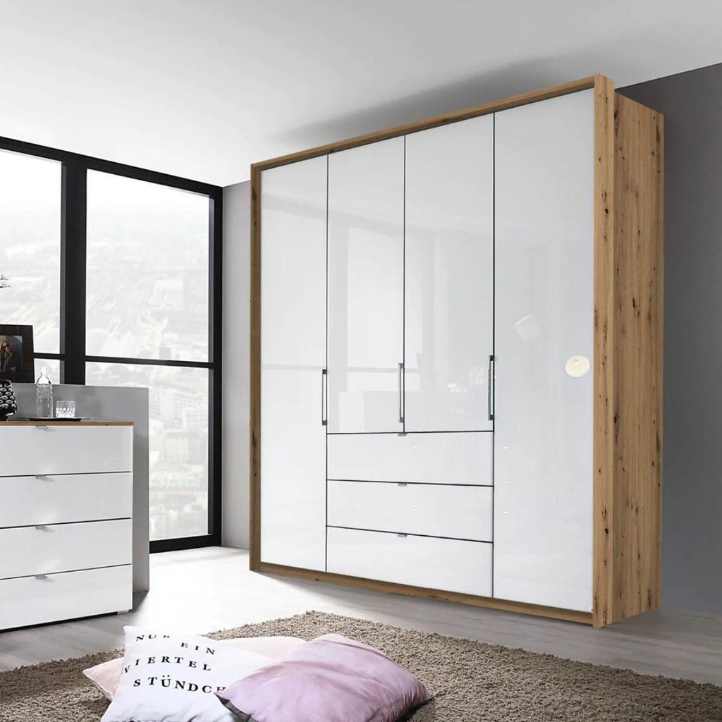 Oakwood Rauch Erimo Style 1 Oak & White Glass Bi-Folding Doors Combi Wardrobe