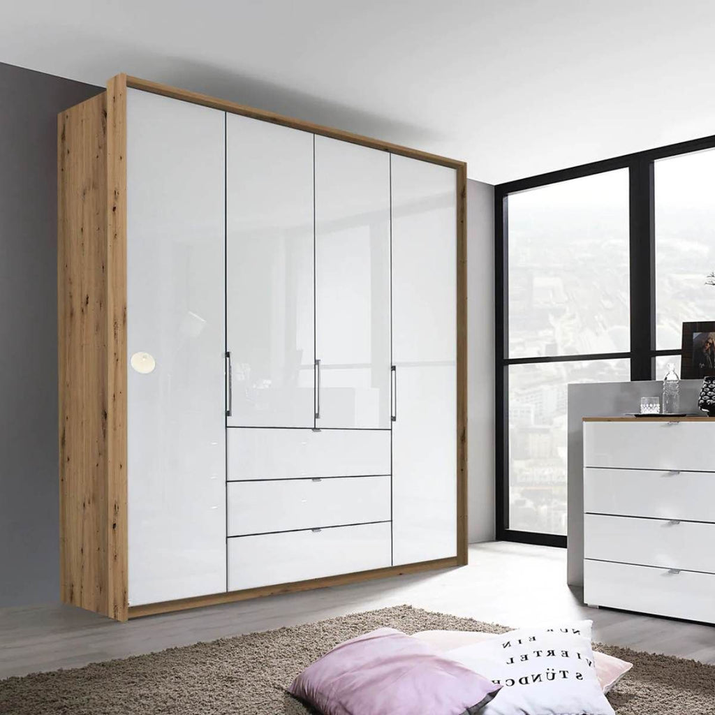 Oakwood Rauch Erimo Style 1 Oak & White Glass Bi-Folding Doors Combi Wardrobe