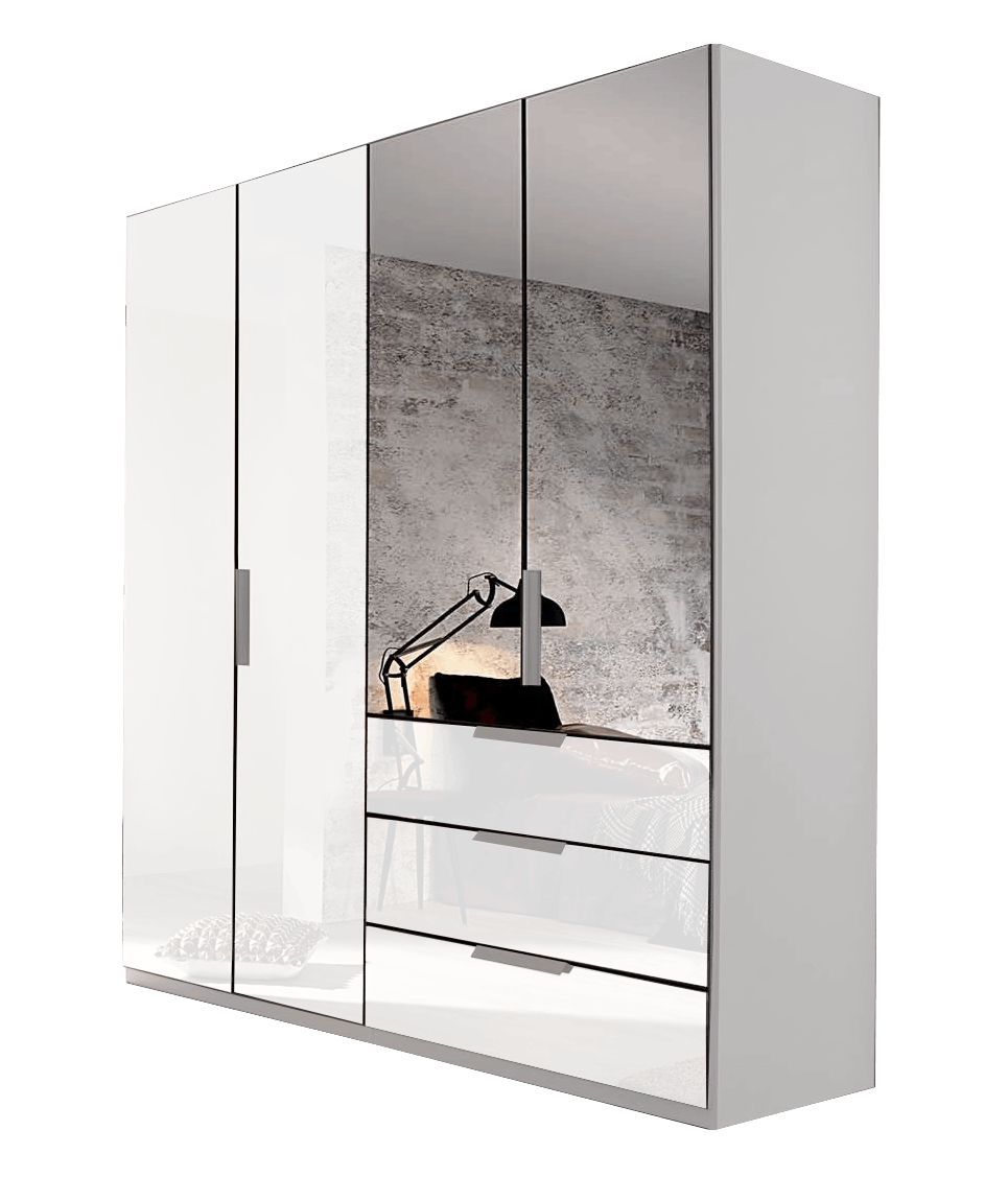 Oakwood Rauch Miramar Lynx White Glass & Mirror Front 4 Door Hinged Combi Wardrobe