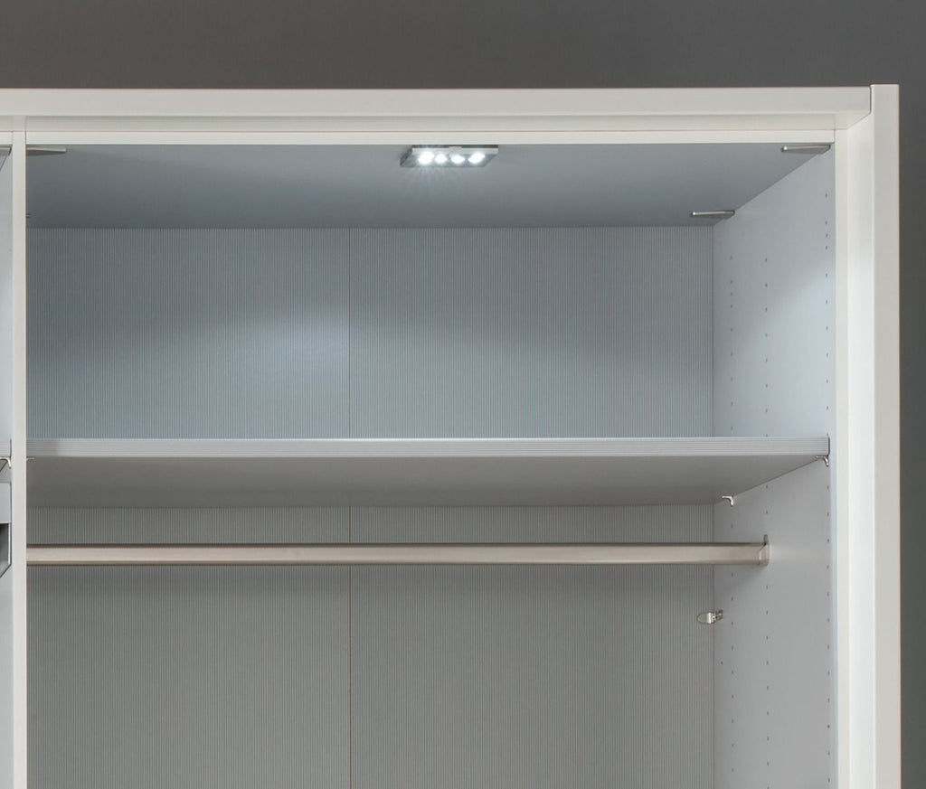 Oakwood Wiemann Loft White Glass Front 300CM Bi-Folding Doors Wardrobe With Drawers