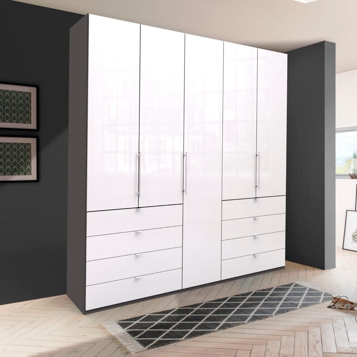 Oakwood Wiemann Loft White Glass Front 250CM Bi-Folding Doors Wardrobe With Drawers