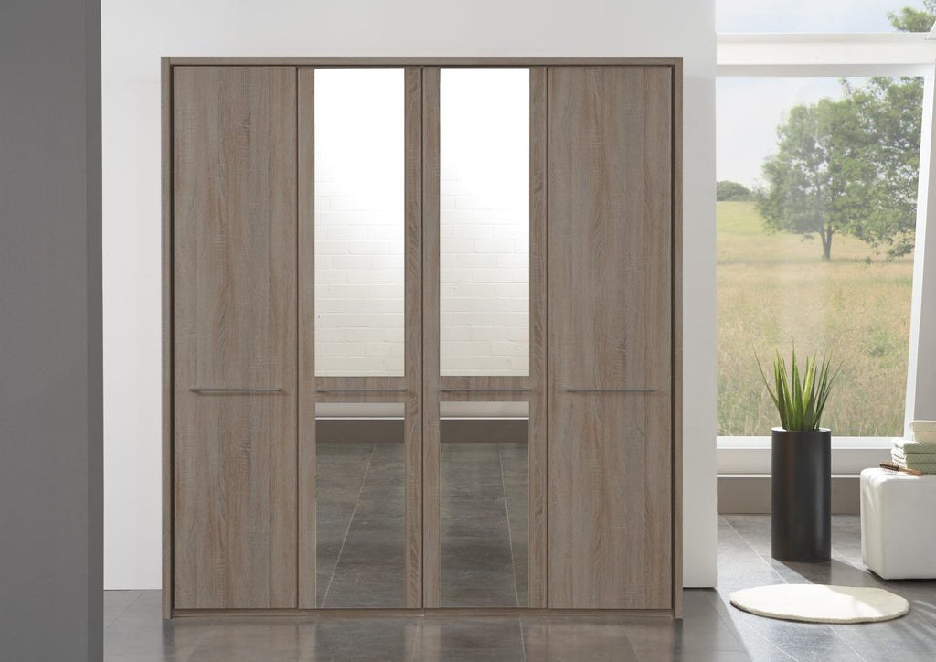 Oakwood Wiemann Dakar Dark Rustic Oak & Mirrored 4-Door Hinged  Wardrobe