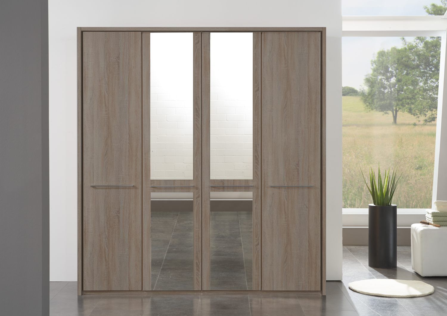 Oakwood Wiemann Dakar Dark Rustic Oak & Mirrored 4-Door Hinged  Wardrobe