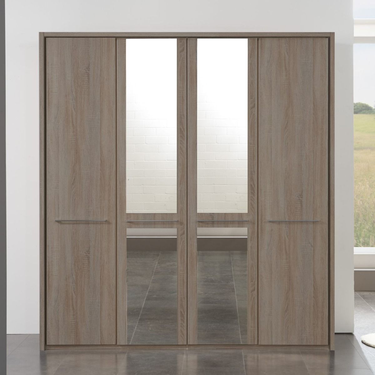 Oakwood Wiemann Dakar Dark Rustic Oak & Mirrored 4-Door Hinged  Wardrobe