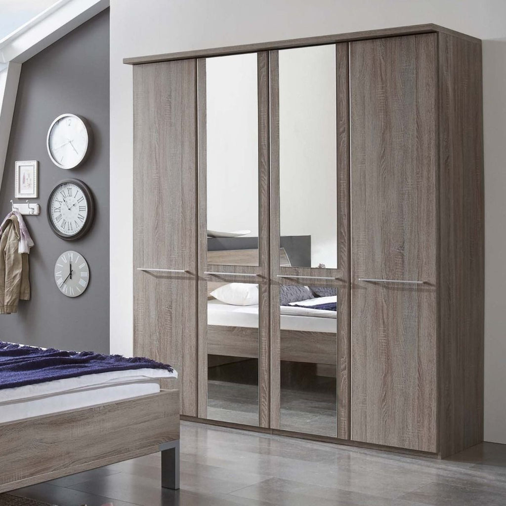 Oakwood Wiemann Dakar Dark Rustic Oak & Mirrored 4-Door Hinged  Wardrobe